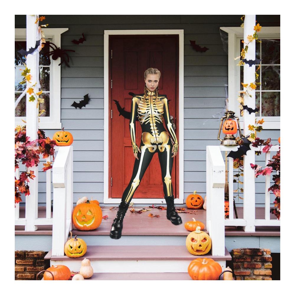 Damen Skelett Catsuit - Halloween Jumpsuit mit Langen Ärmeln und Stretch | Gruseliger Damen Skull Bone Bodysuit - Perfekt für Themenpartys