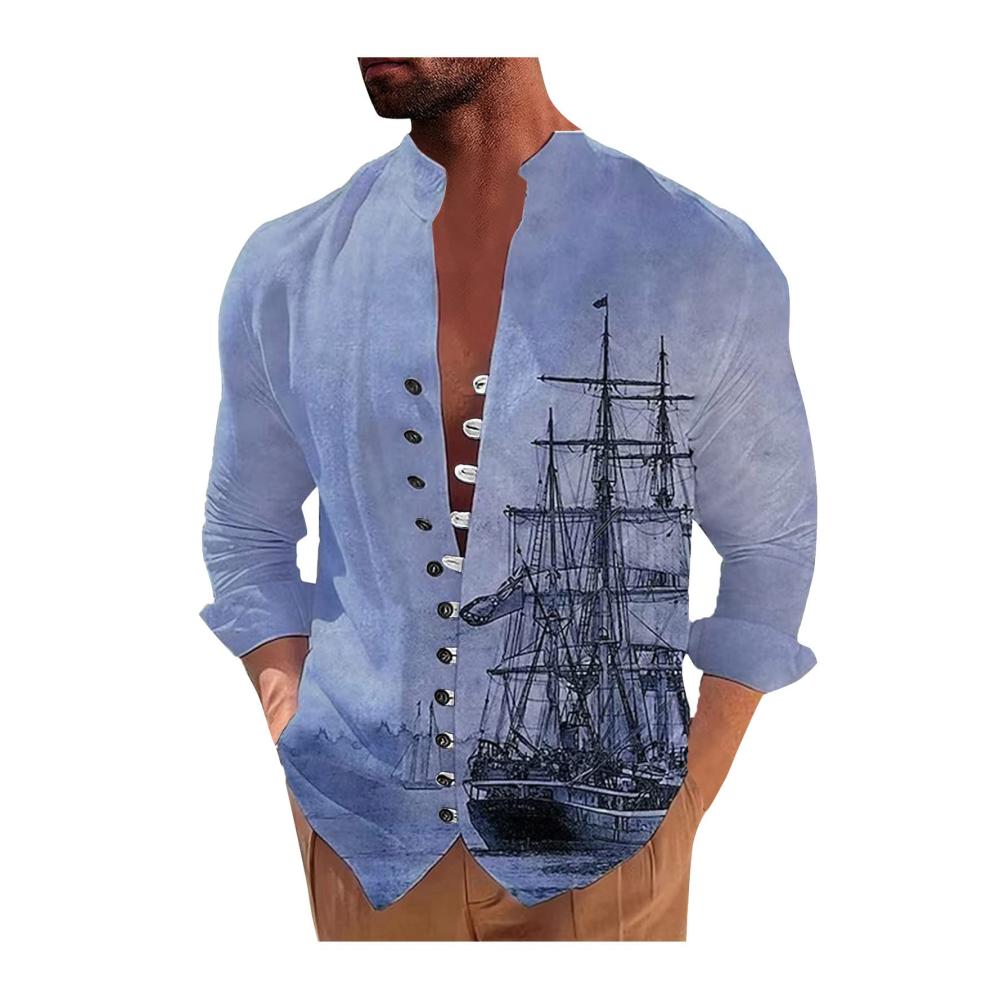 Hawaii Hemd Herren Langarm - Sommerhemd mit Button-Down-Kragen Oversized Freizeithemd Casual Stehkragen-Shirt - Vintage Bedrucktes Langarmshirt für den Urlaub am Strand 2023