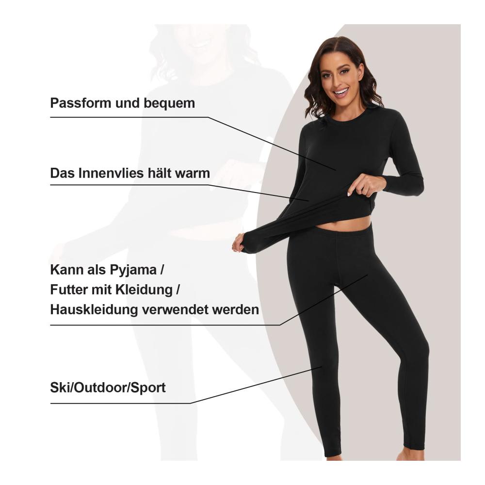 Damen Thermounterwäsche Set | Winter Warm mit Innenfleece | Ultraleicht Langarm U-Ausschnitt | Funktionsunterwäsche für Ski | Winterunterwäsche für Damen