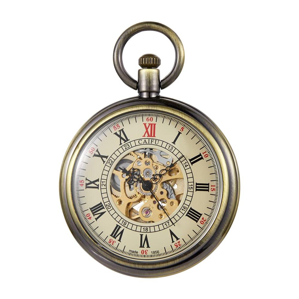 Bronzene Herren-Taschenuhr | Antik Mechanisch Skelett Römische Ziffern | Inklusive Kette und Box