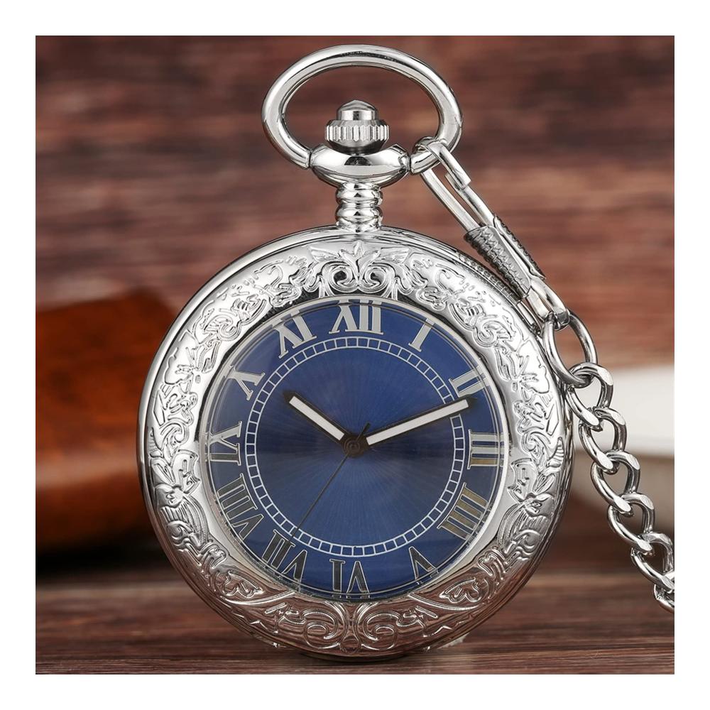 Luxuriöse Silber Taschenuhr für Herren | Automatischer Mechanismus | Blaues Römisches Zifferblatt | Selbstaufladende Anhängeruhr