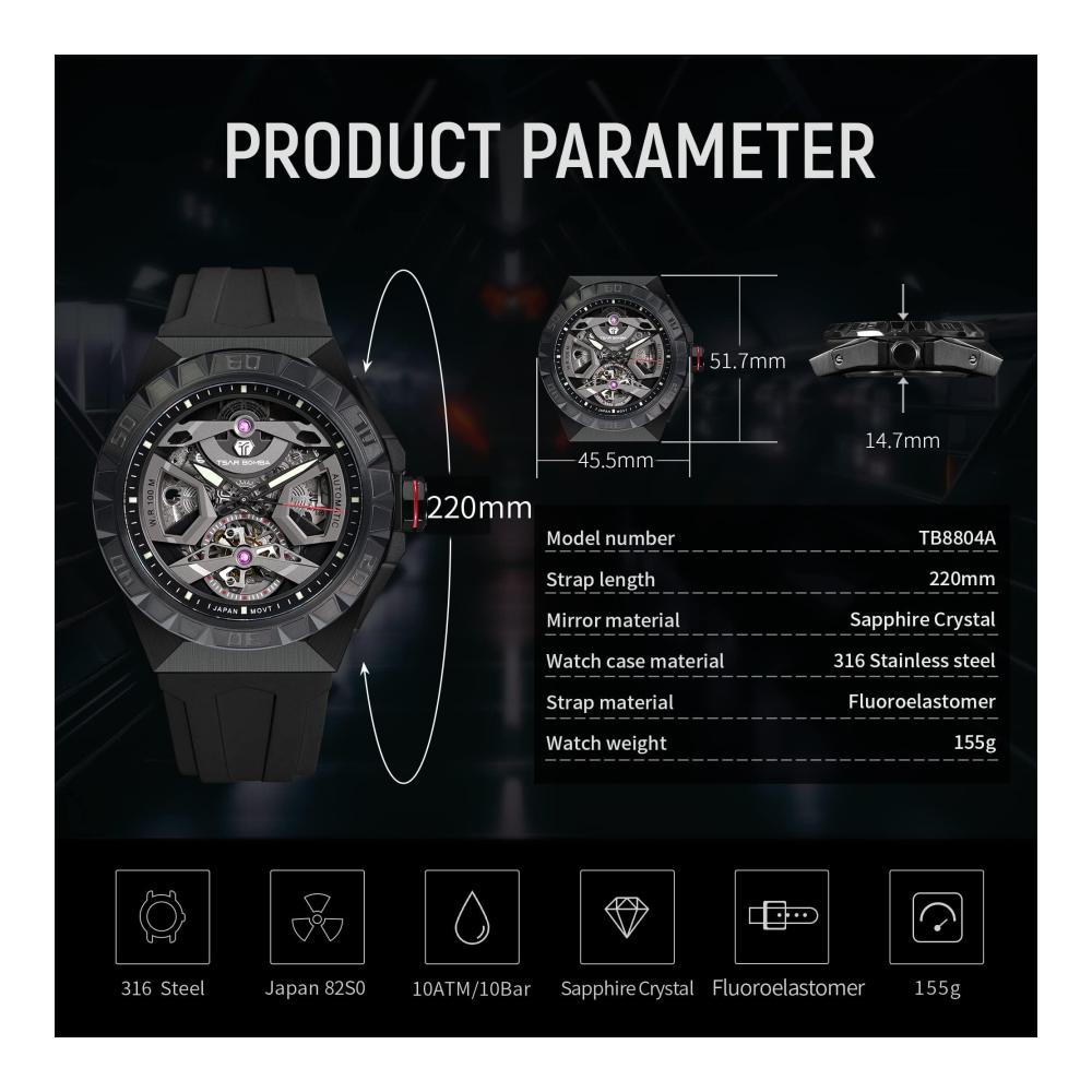 Automatik Armbanduhr für Herren – TSAR BOMBA Tonneau Skelettuhr 100M wasserdicht Fluorkautschuk Armband Edelstahl Saphirglas Mechanisch Schwarz Achteckig Männer Analoguhr