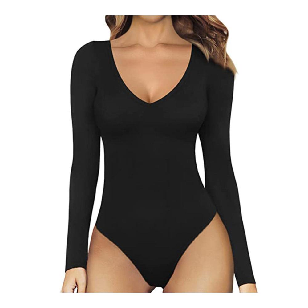 Schwarzer Damen-Bodysuit Figurbetonter V-Ausschnitt Langarm-Trikot für den Winter