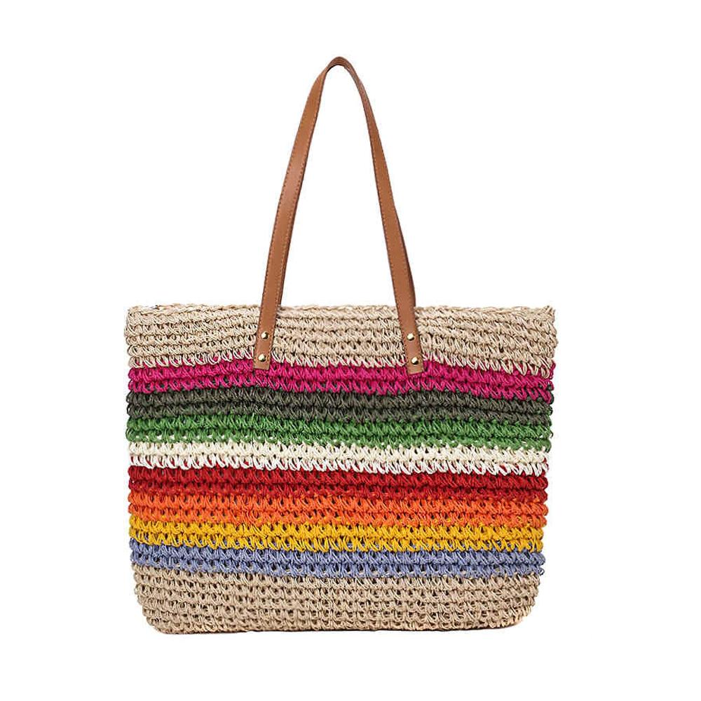 Sommer-Strandtasche Damen Bunte Stroh-Handtasche mit Ledergriffen Henkeltasche Crossbody und Bast - Einkaufstasche für stilvolle Shopper