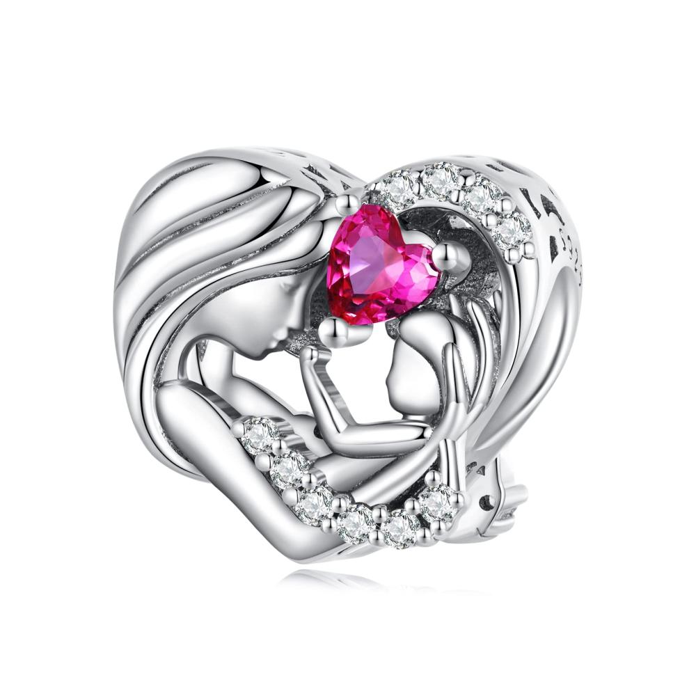 925 Sterling Silber Bead Charms für Pandora Armbänder - Rot Zirkonia Mutter-Kind Affinität - Frau Mädchen Schmuck Geschenke