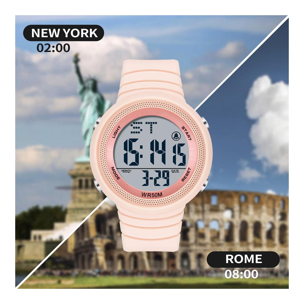 Findtime Sport Digitaluhr – Wasserdichte 50M Armbanduhr mit LED Duale Zeitzone Stoppuhr Countdown Kalender – Damen/Herren Militär Uhr mit Candy-Farben & Wecker