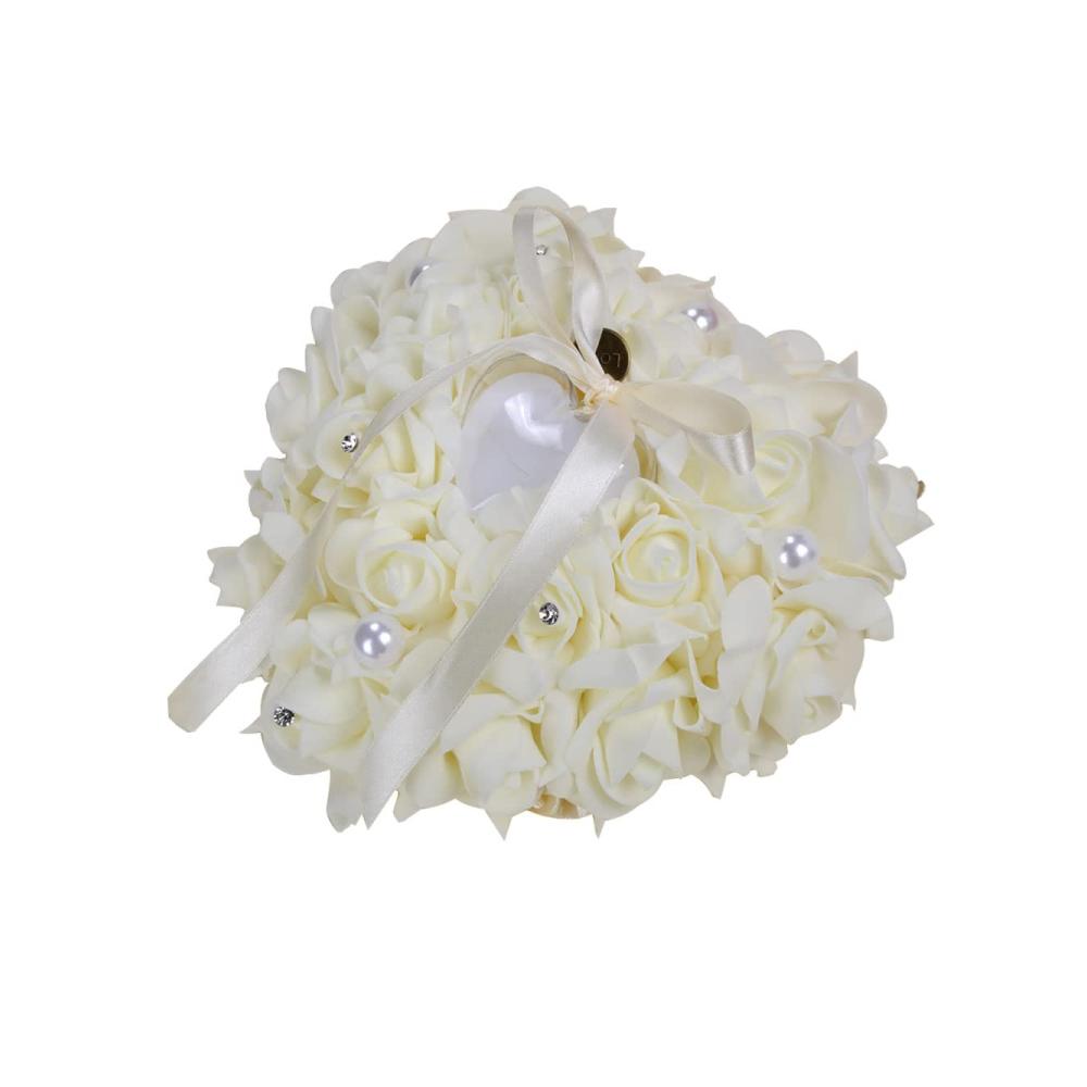 Hochwertiges Herzform Ringkissen - Ehering Kissen mit Satinband für Hochzeitsringe und Ringbox - Romantisches Ringkissen 18 * 17 * 7.5cm in Cremeweiß