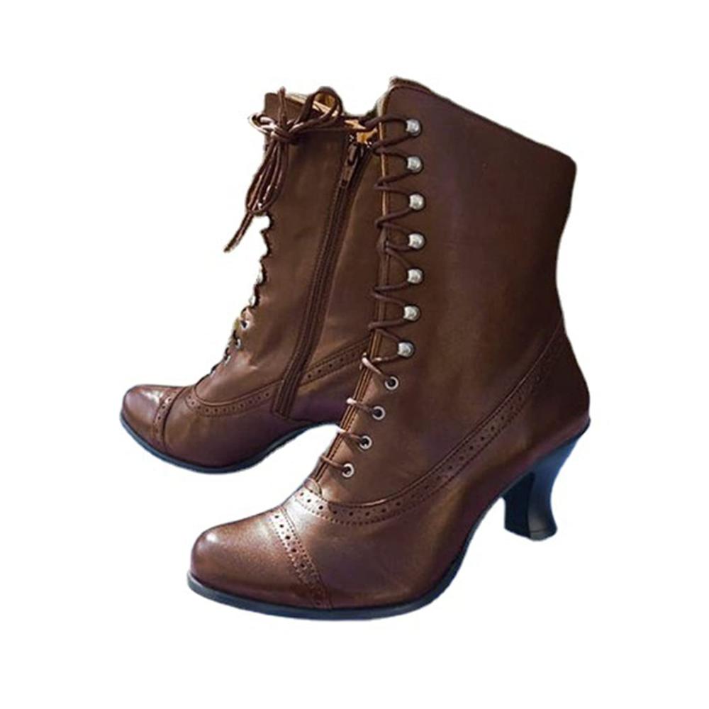 Damen Stiefeletten Braune Gothic Stiefel mit Schnürung sexy High Heels mittelhoher Absatz spitzer Zehenbereich wadenhoch für Hochzeit Party Kleid – Herbst/Winter Schuhe (Größe 40 EU