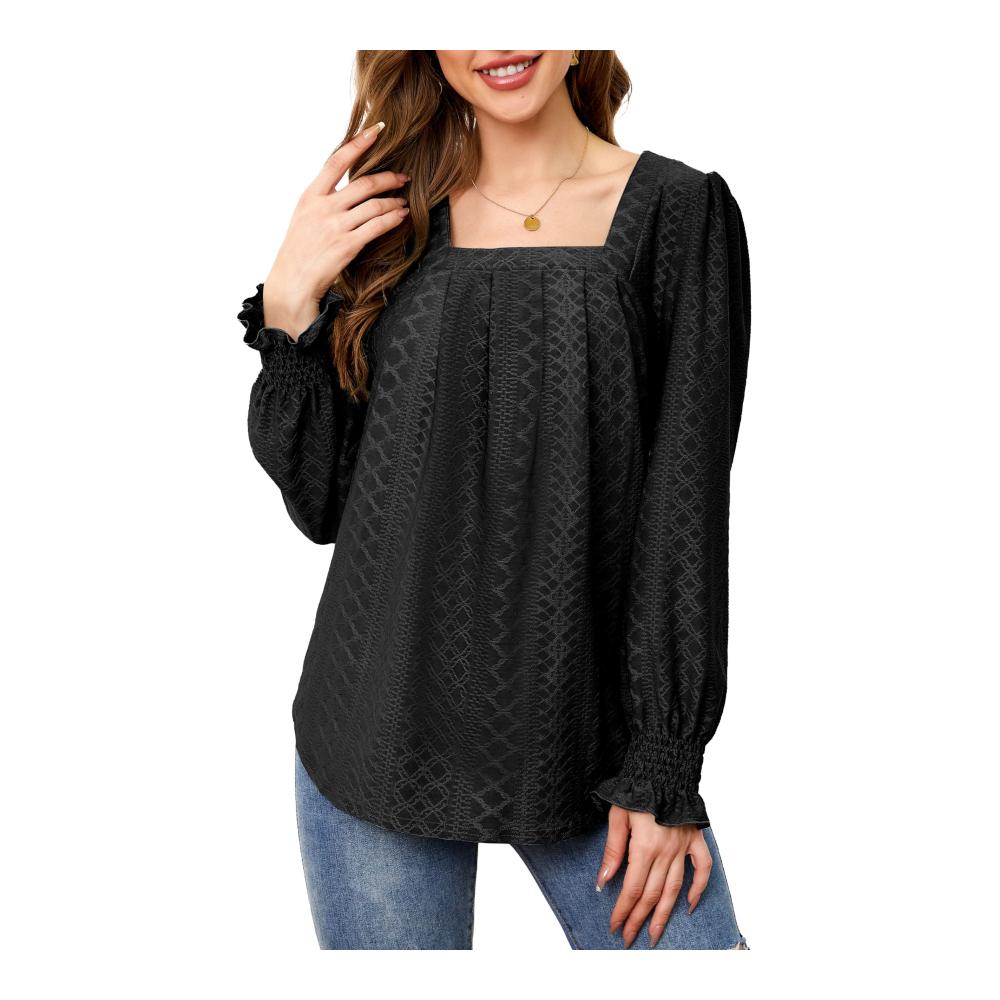 Langarmshirt Damen Modisches U-Kragen Basic Oberteil für Herbst/Winter mit Puffärmeln & Laternenärmeln