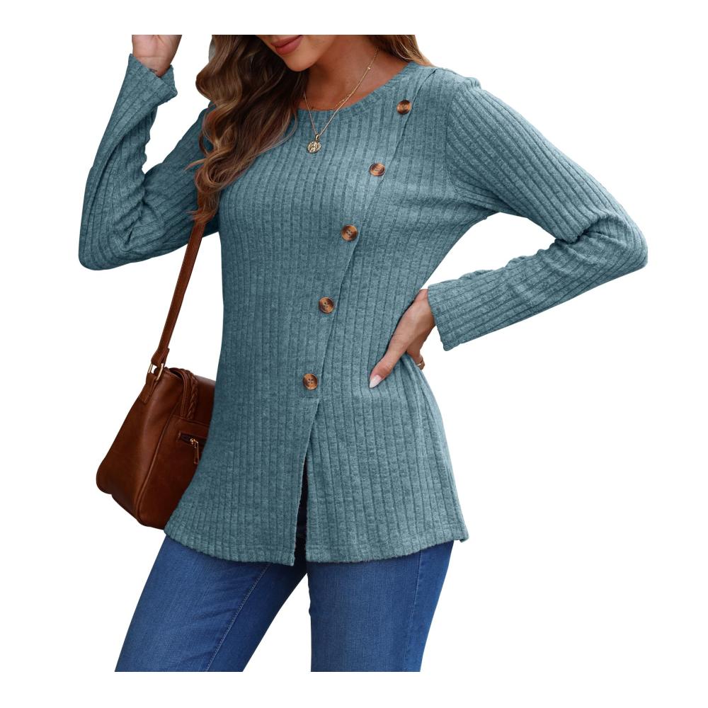 Damen Langarm Pullover Leichte Casual Tunika mit Rundhalsausschnitt und Knopfleiste - Perfekt für Herbst und Winter