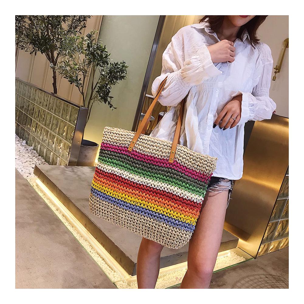 Sommer-Strandtasche Damen Bunte Stroh-Handtasche mit Ledergriffen Henkeltasche Crossbody und Bast - Einkaufstasche für stilvolle Shopper
