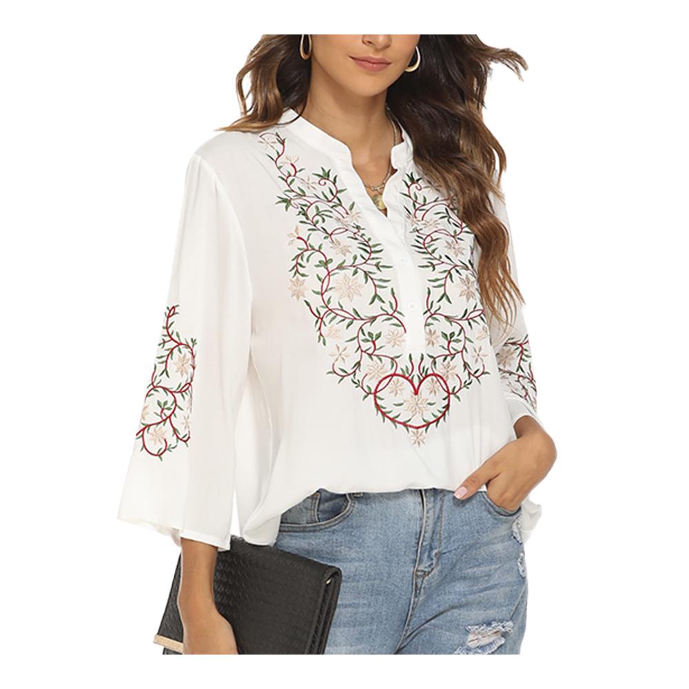 Boho Blusen & Tuniken Vakakado Mexico Besticktes Shirt für Frauen mit Folklore-Floral-Design 3/4 Ärmel V-Ausschnitt