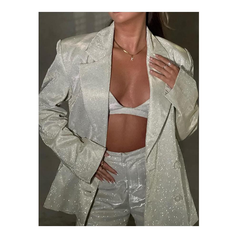 Damen Trainingsanzug mit Glitzer-Pailletten 2-teilig langärmelig Blazer-Tops funkelnd lässig - Weite Hose inklusive für einen funkelnden Sweatanzug im Clubwear-Stil