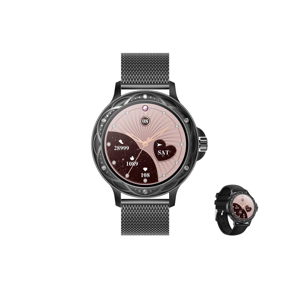 Smartwatch Damen 1.2 Zoll HD Rund - Wasserdicht Bluetooth Anruf Fitness Tracker - iOS Android - Fashion Damenuhr mit Whatsapp Funktion (Schwarz