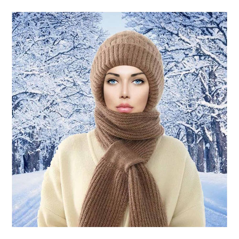 Winter Warm Knitting Set with Integrated Ear Protection - Windproof Cap Scarf & Gloves for Women