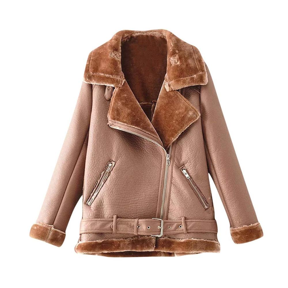 Damen Bikerjacke Wintermantel - Warme Übergangsjacke mit Stehkragen und Gürtel