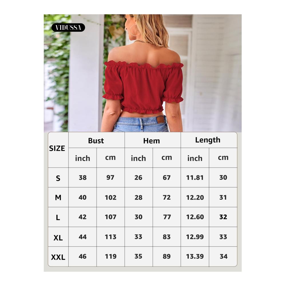 Blusen & Tuniken VIDUSSA Damen Sexy Schulterfreies Crop Top mit Puffärmeln V-Ausschnitt und verkürztem Schnitt - Stilvolle Damenbluse
