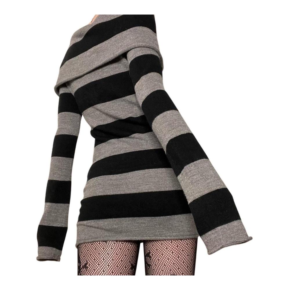 Schwarzes Schulterfreies Minikleid im Y2K-Stil - Figurbetont Gestreift Langärmelig - XL