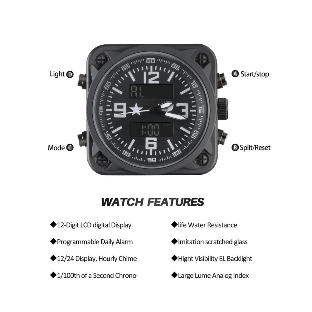 Digitale Herren Armbanduhr mit Timer Stoppuhr Alarm-Licht Quarz-Analoguhr - Multi-Funktionale Militäruhr mit Großem Zifferblatt