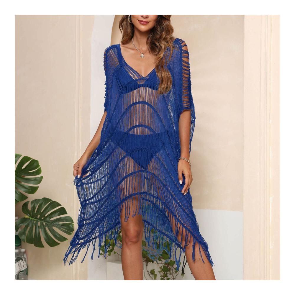 Damen Pareo Strandkleid mit Spitze - V-Ausschnitt Strandponcho für Bikini - Sommer Cover Up - Bademode Strand Vertuschen Kurzarm Shirt Badeanzug - Lässige Tunika in Boho Stil - Größe Beach Kleid