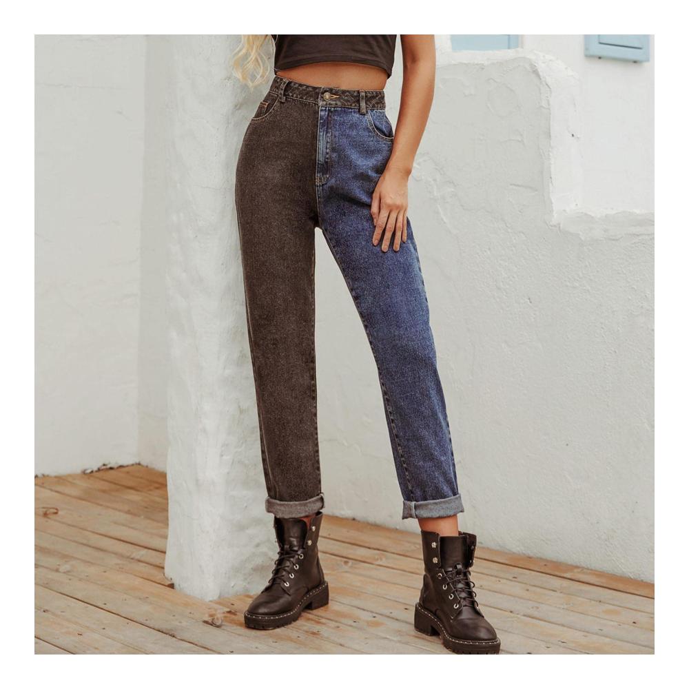 Damen High Waist Jeanshose - Straight Leg Instant Relaxed Fit in Schwarz-Blau Two Tone Denim