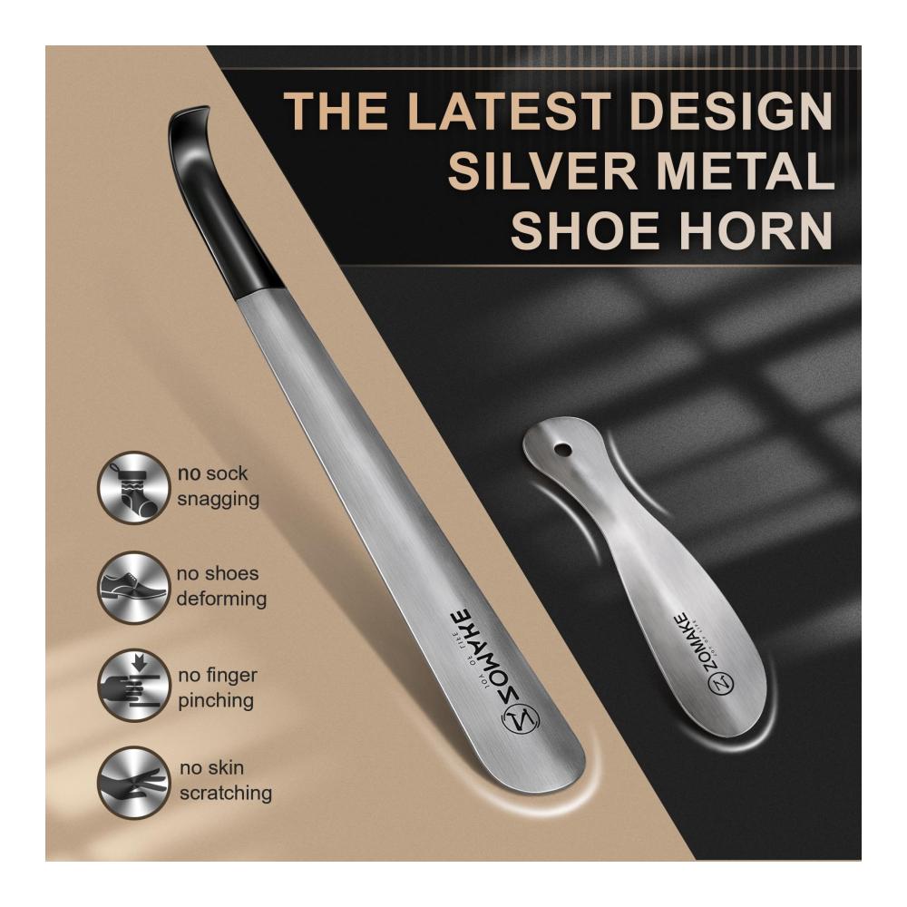 Edelstahl Schuhlöffel Set – 42cm Lang & 19cm Klein 2er Pack mit Gummihülse Wandhalterung für Senioren – Metall Schuhanzieher Shoe Horn Silber 42&19cm