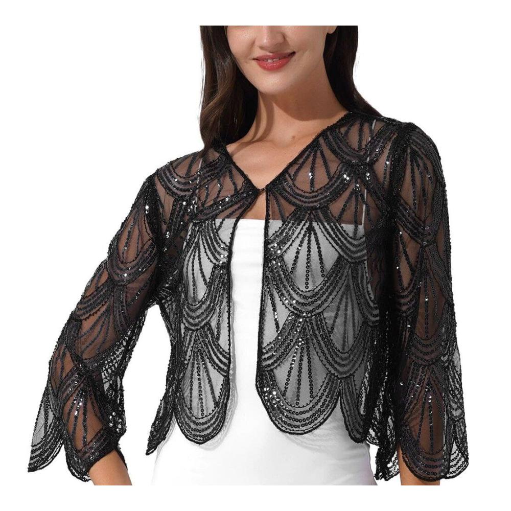 Vintage Luxylei 1920er Jahre Schal mit Pailletten und Perlen perfekt für Abendveranstaltungen und Hochzeiten V-Ausschnitt und transparente Ärmel für den perfekten 20er Jahre Look
