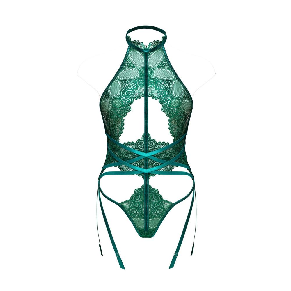 Bodys LOVE YOU SEXY - Verführerischer Spitzen-Bodysuit mit Strumpfband Halter Neck und Rückenausschnitt inklusive Gürtel - Teddy Dessous für Frauen