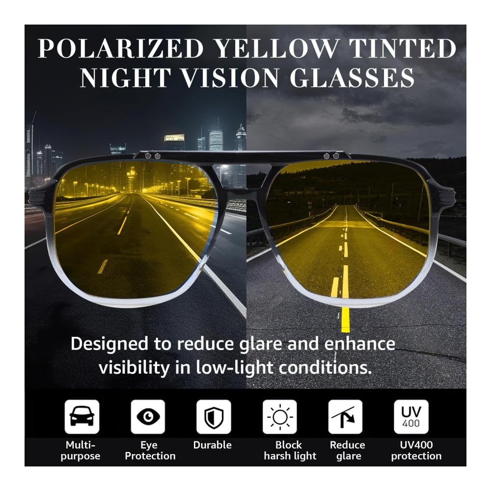 Nachtsichtbrille für sicheres Autofahren – Gelbe Sonnenbrille mit polarisierten Gläsern für Tag und Nacht UV-Schutz inklusive