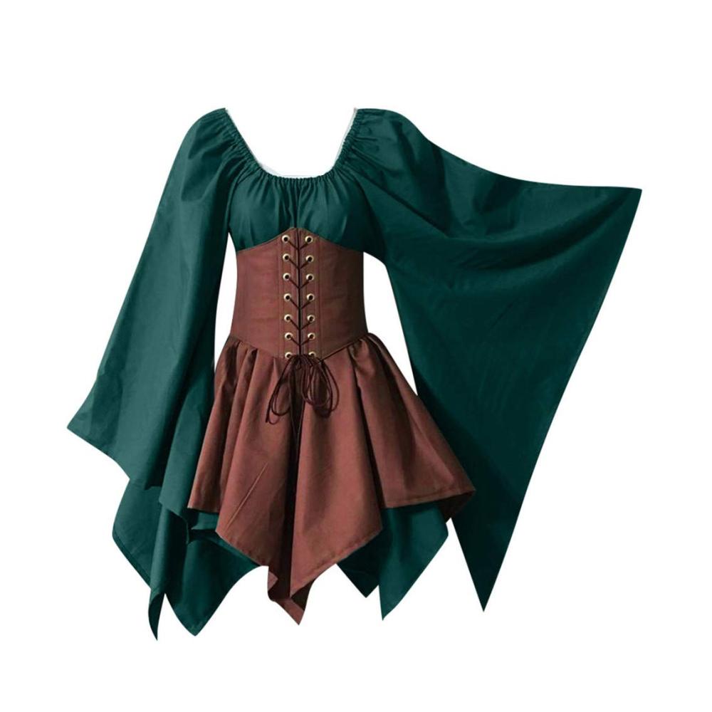 Gothic Renaissance Damen Kleid mit Trompetenärmeln für Halloween & Karneval - Sexy Hexen Kostüm in Maxi-Länge Prinzessin Cosplay Dress A-Linie Festliches Party Outfit