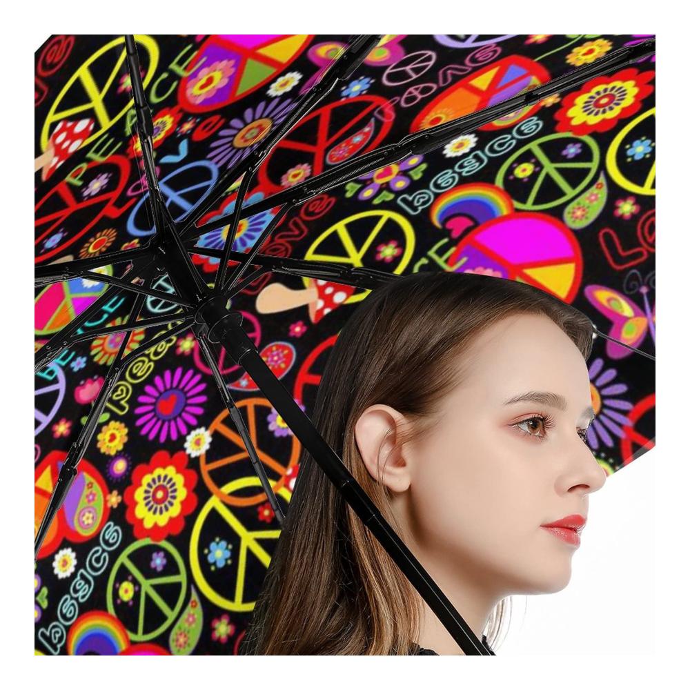 3-fach faltbarer Taschenschirm für Damen und Herren | Automatisches Öffnen | Peace And Love Design | Kompakter Regenschutz
