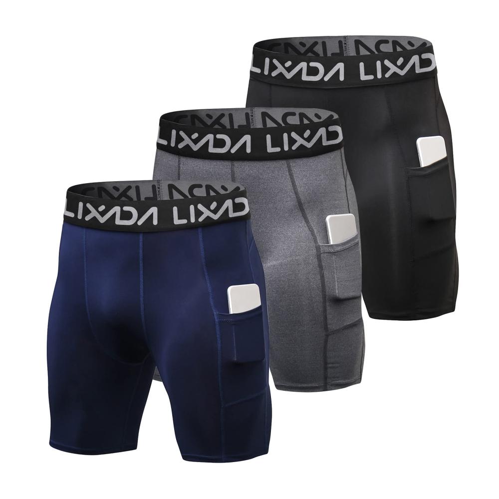 Performance-Sport Shorts für Herren - Elastische Hose kühl trocken mit Taschen - Baselayer Strumpfhose für Active Workouts in Schwarz Grau Dunkelblau (Größe L