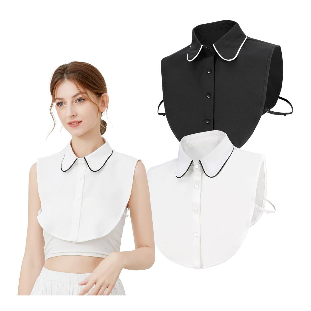 Damen 2 Stück Chiffon Kragen Set - Abnehmbare Hälfte Shirt Bluse & Falscher Kragen Einsatz - Weiß/Schwarz