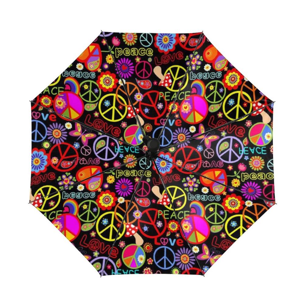3-fach faltbarer Taschenschirm für Damen und Herren | Automatisches Öffnen | Peace And Love Design | Kompakter Regenschutz