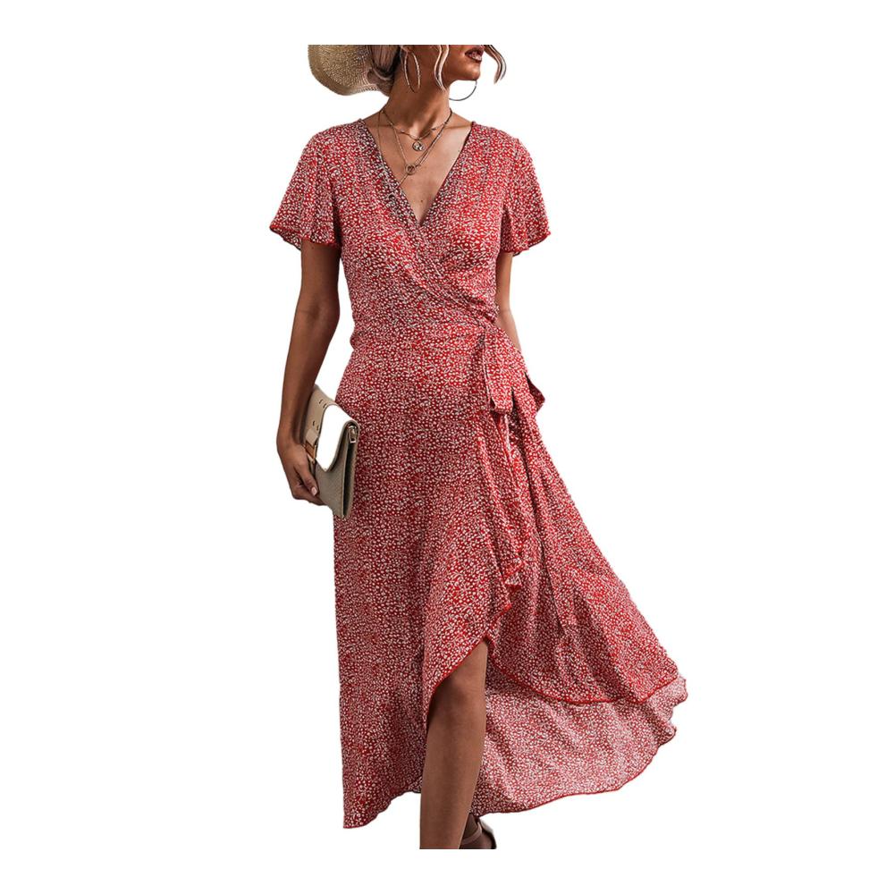 Blumenmuster Sommerkleid mit V-Ausschnitt & Wickelstil - Asymmetrischer Saum Rüschenärmel - Ideal für Strand & Freizeit