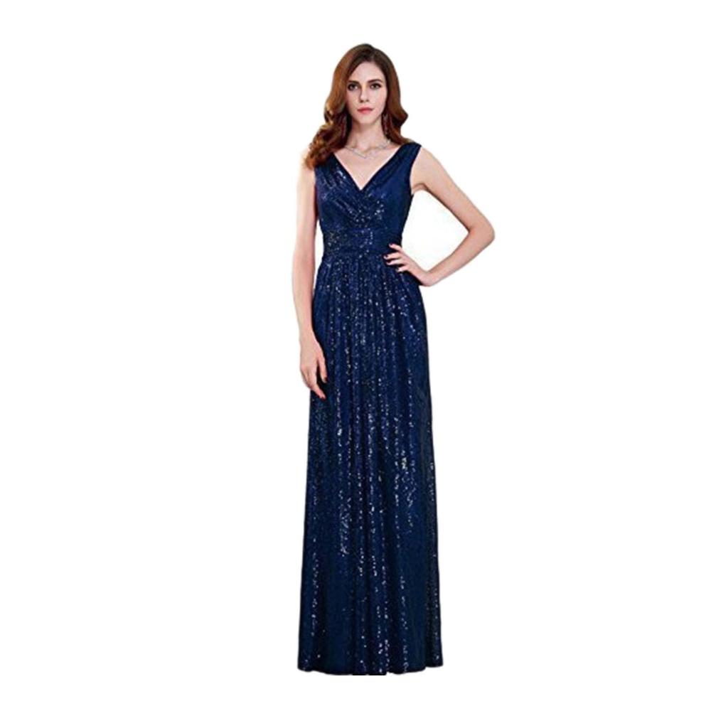 Cocktail Abendkleid V-Ausschnitt mit Pailletten - Damen Ballkleid für Cocktailparty und Prom Sexy & Slim Lang Ärmellos - Blau (US2