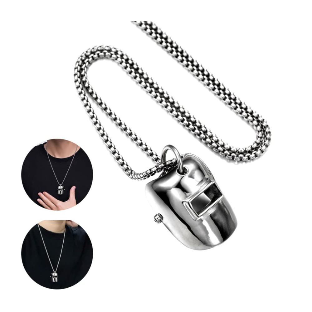 HipHop Edelstahl Halskette Set mit Schweißhelm-Anhänger - Glänzender Schmuck für Männer und Frauen (Silber
