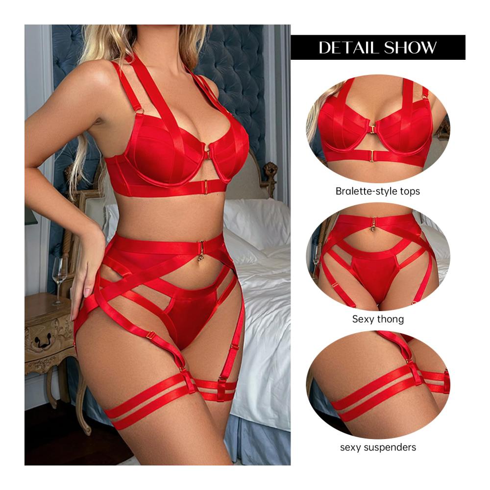 Damen Dessous Set Sexy Reizwäsche mit Strapsen V-Ausschnitt Rückenausschnitt BH Höschen und Strumpfband von YOMORIO - 3tlg Unterwäsche für verführerische Nächte