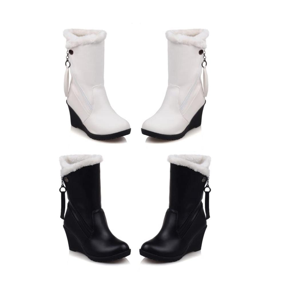Damen Keilstiefel Wasserdichte Halbhohe Stiefelette mit Runder Zehe Slip-On Design Pelzbesatz Winterfutter - Ideale Damen Winterstiefel für Schnee und Kälte