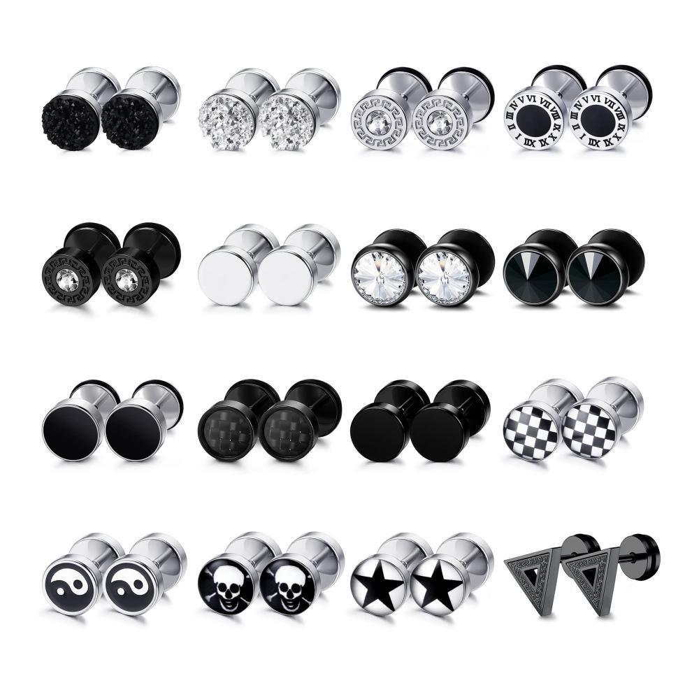 Edelstahl Ohrstecker Set für Männer - 9-16 Paare Schwarz Silber Ohrringe 8mm Fake Plugs Ohr Tunnel Piercing Runde Schraube Barbell Ohrstöpsel Faux Gauges