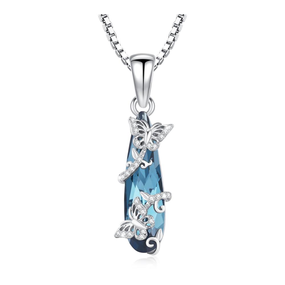 925 Sterling Silber Doppel-Schmetterlingshalskette mit Blau-Kristall-Anhänger – Elegantes Tierdesign für Damen und Mädchen