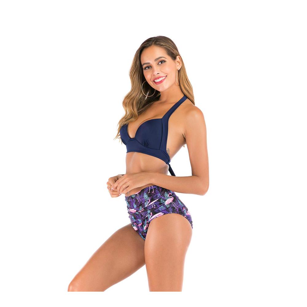 Bedruckter Zweiteiler mit hoher Taille und Rückenausschnitt - Damen Bikini-Anzug