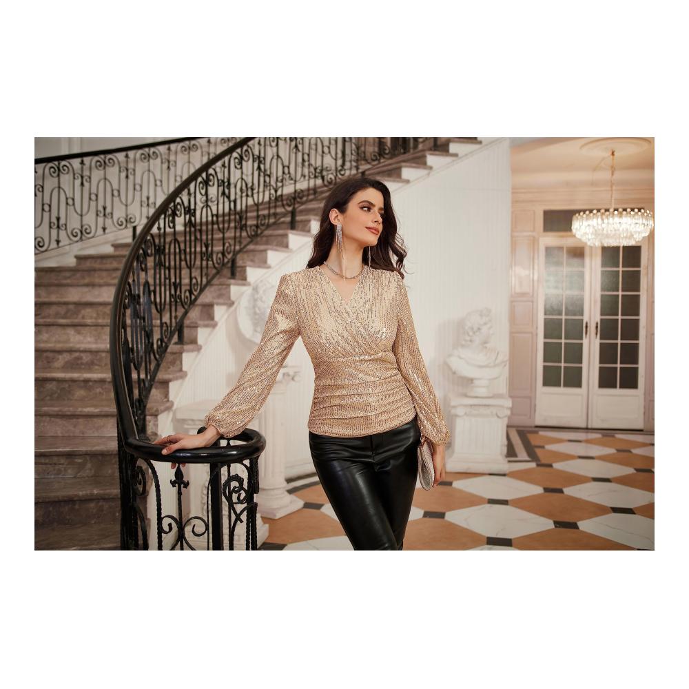 Blusen & Tuniken Damen V-Ausschnitt Wickelbluse in Grace Karin Stil - Elegante Laterne Langarm Bluse mit Slim Fit und Plissee-Top Tunika Design