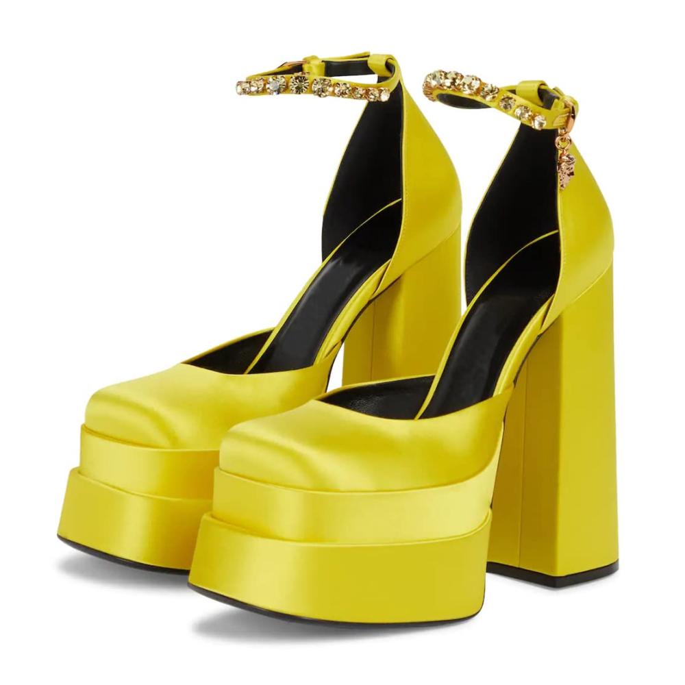 Plateau Chunky Blockabsatz Silk Satin Square Toe Ankle Strap Wedge Pumps – Yellow Size 43