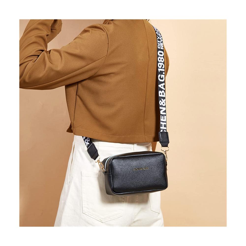 Schwarze Damen-Messenger-Bag mit breitem Pu-Riemen - Kompakte Umhängetasche für Telefon und Geldbörse