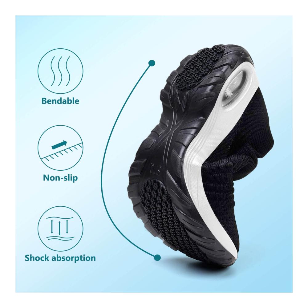 Damen Wanderschuhe Leichte Slip-On Sneaker mit Atmungsaktivem Mesh Luftkissen-Technologie und Keilsohle - Schwarz/Weiß Größe 38 EU
