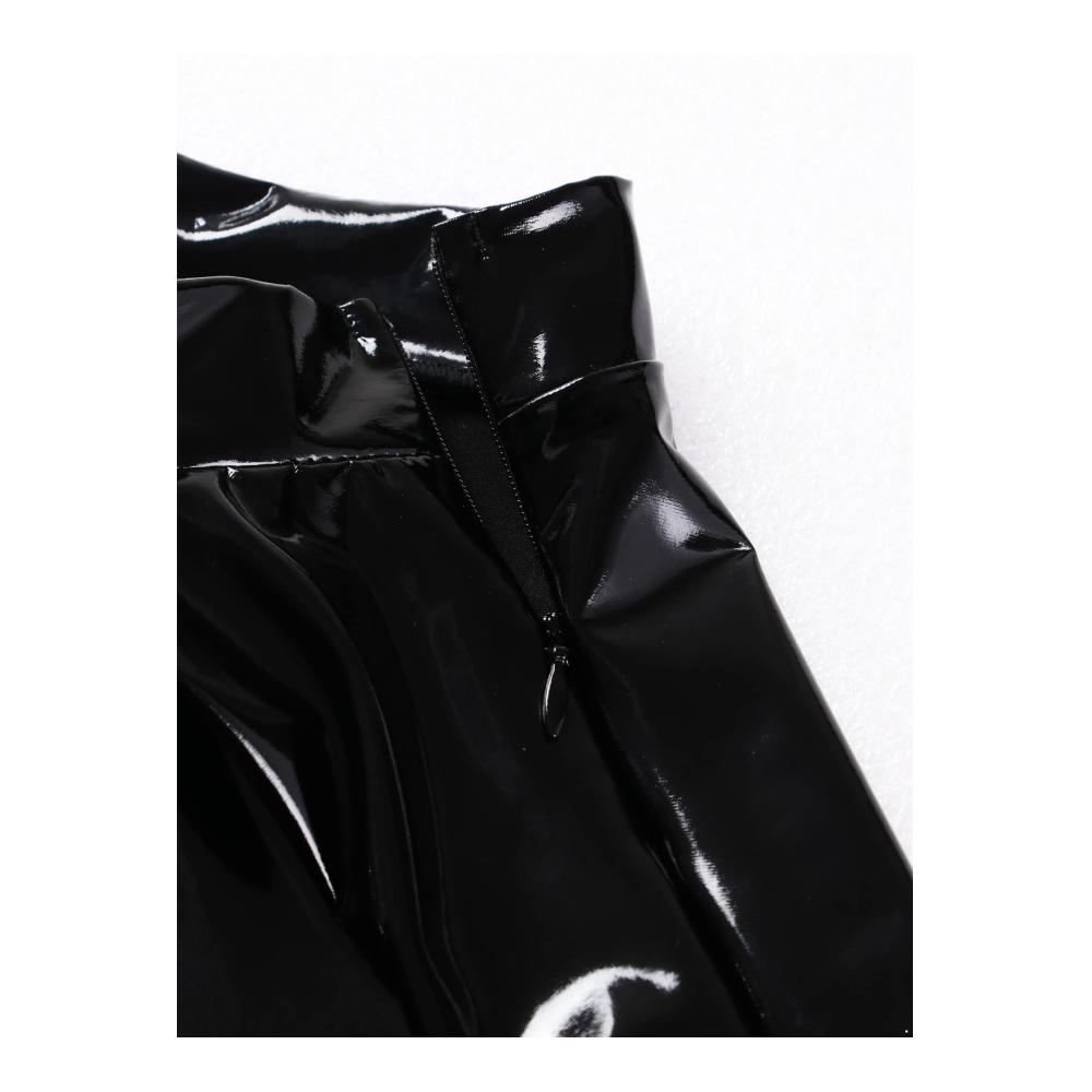 Damen Club Outfit Sexy Lack-Leder Top mit V-Ausschnitt und Minirock in Latex-Look