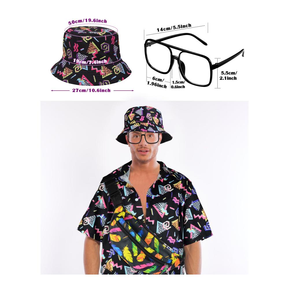 80er Jahre Trainingsanzug Set mit Rapper Accessoires für Herren - Hip Hop Kostüm mit Eimer Hut Gläsern und Bauchtasche - 90er Jahre Party Outfit für Erwachsene