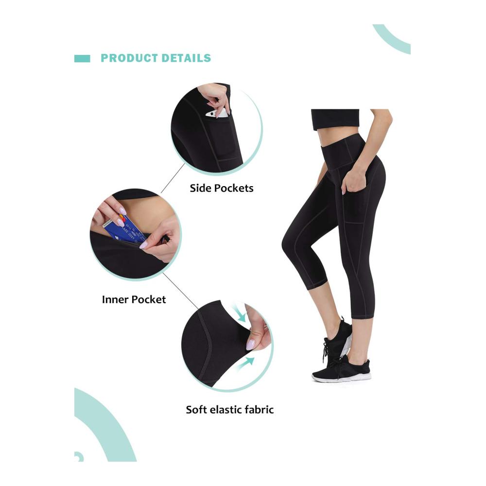 Damen Capri Leggings mit Handytasche Blickdichte High Waist Sporthose