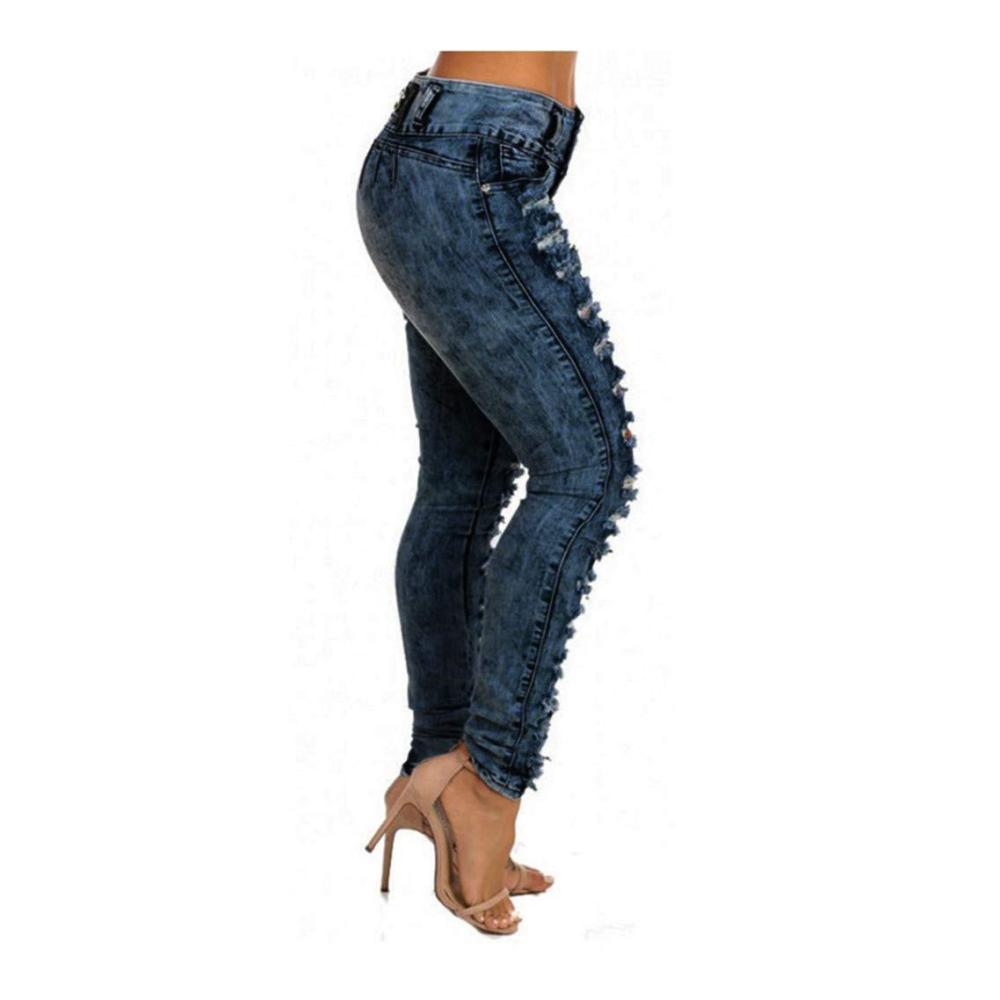 Damen Stretch Jeans - Modische Skinny Fit Denim mit Löchern mittlere Taille Casual Style (SUNDE211215A159